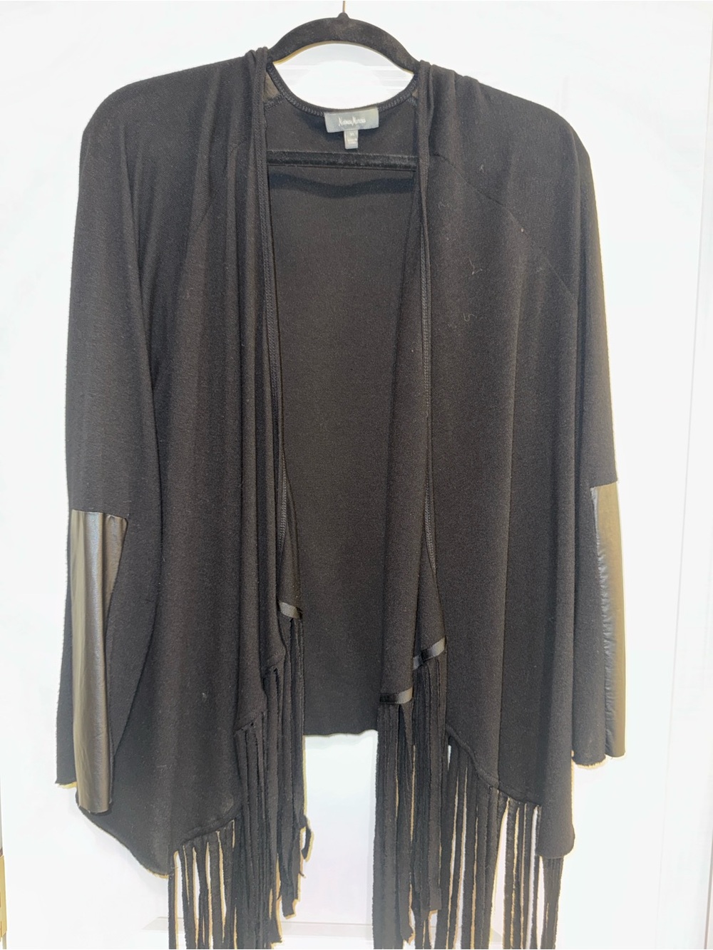Neiman Marcus Black Fringe Open-Front Cardigan with Faux-Leather Elbow Panels XL